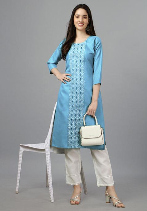 Light Blue Embroidered Cotton Blend Straight Kurta