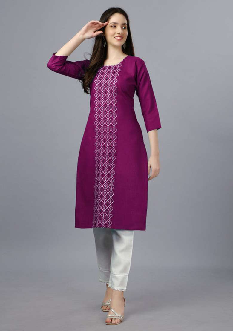 Purple Embroidered Cotton Blend Straight Kurta - Indya