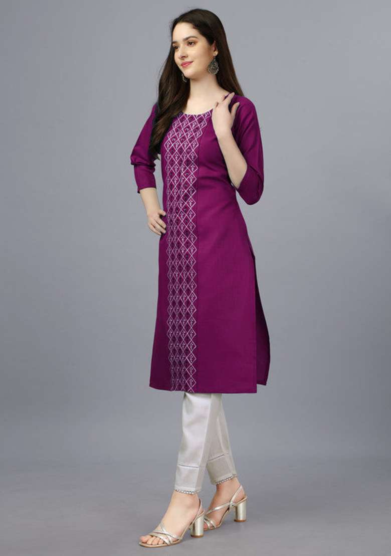 Purple Embroidered Cotton Blend Straight Kurta - Indya