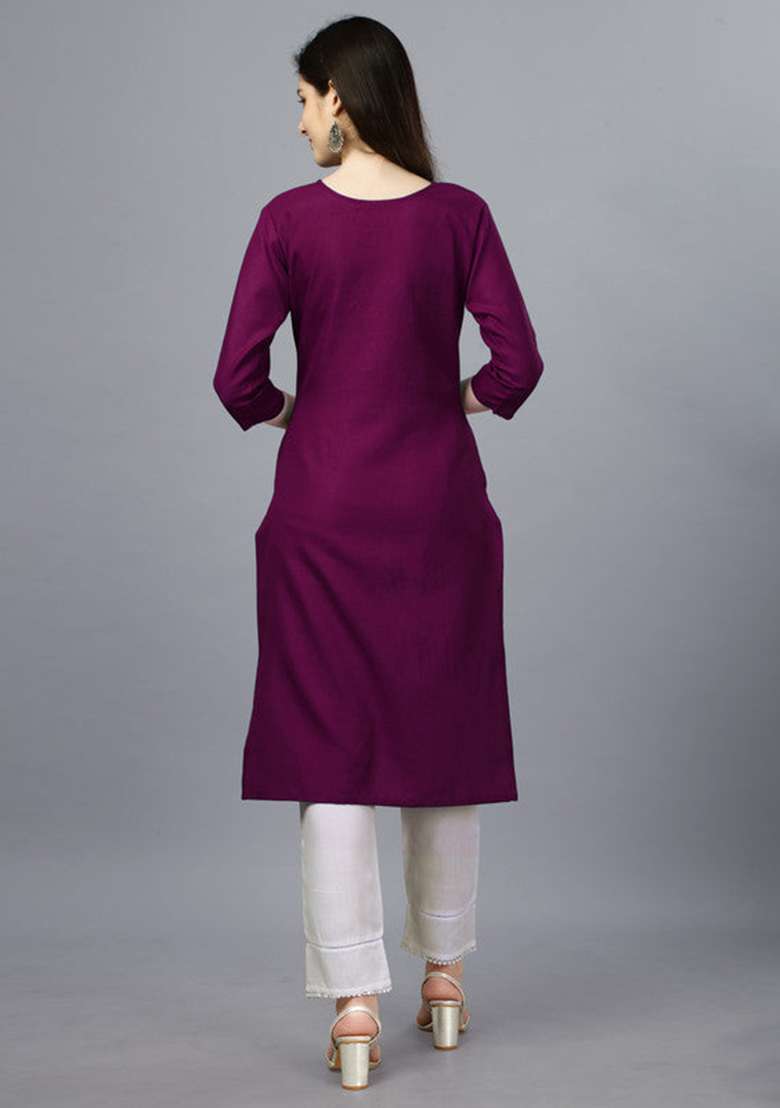 Purple Embroidered Cotton Blend Straight Kurta - Indya