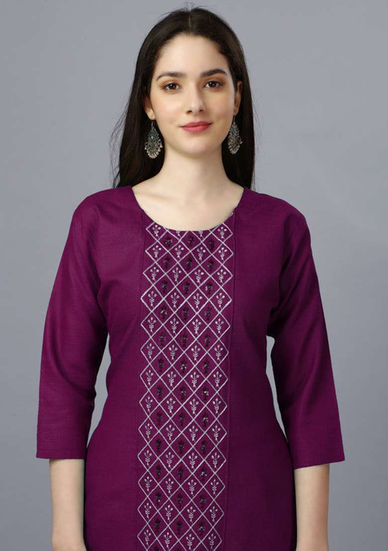 Purple Embroidered Cotton Blend Straight Kurta - Indya