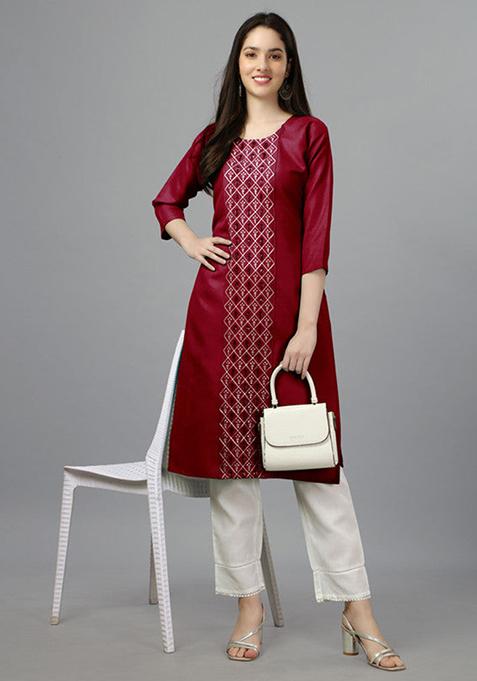 Maroon Embroidered Cotton Blend Straight Kurta