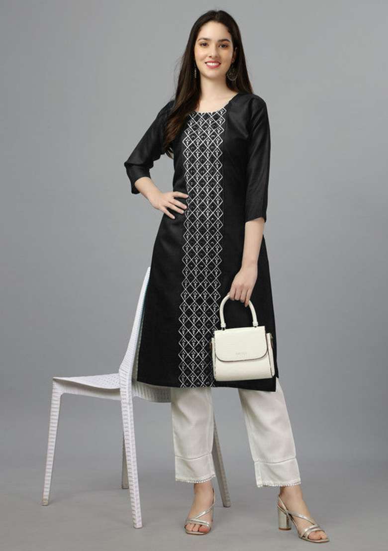 Black Embroidered Cotton Blend Straight Kurta - Indya