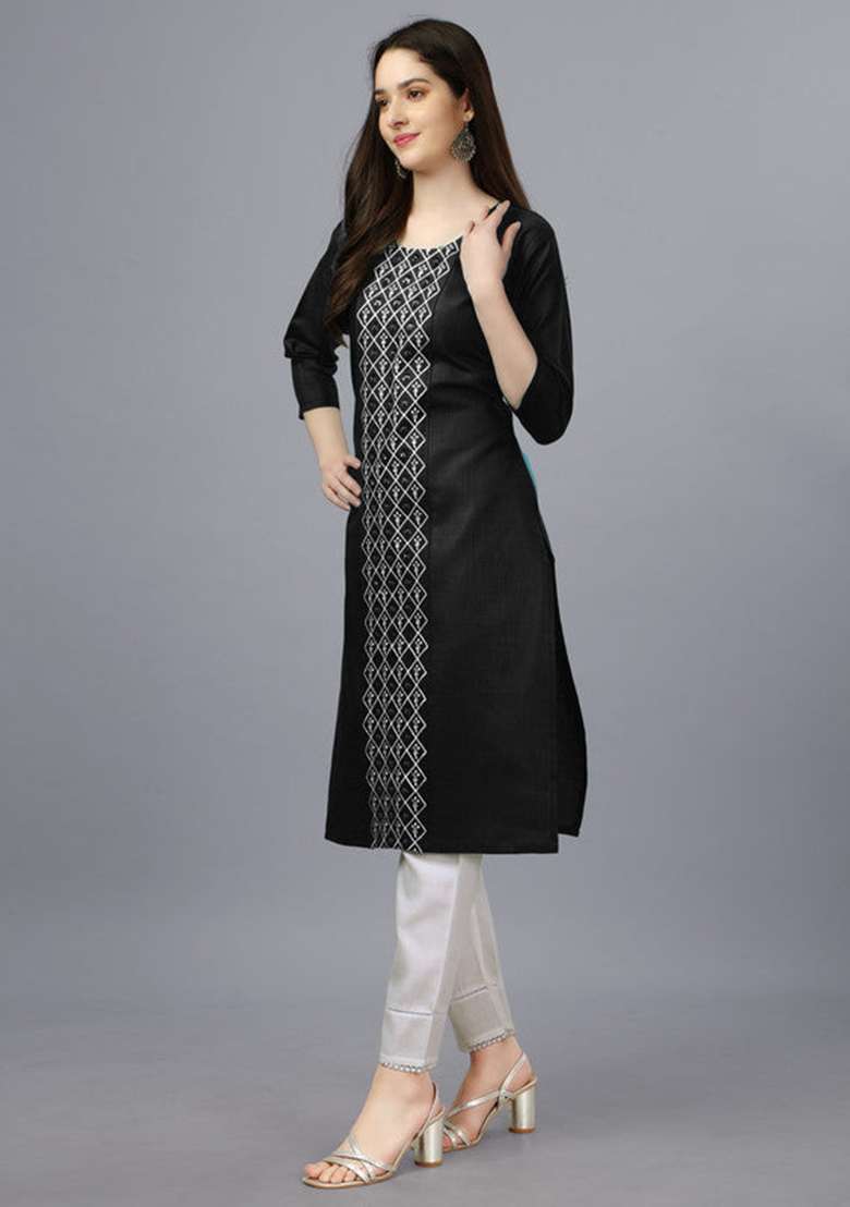 Black Embroidered Cotton Blend Straight Kurta - Indya