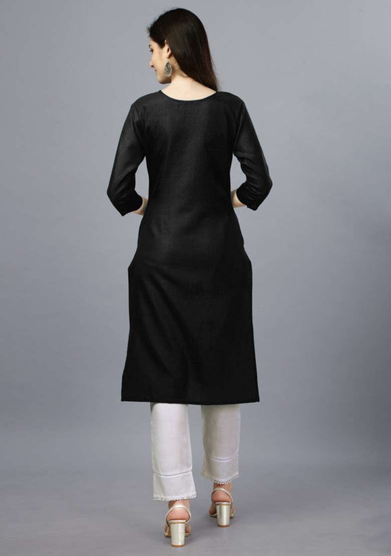 Black Embroidered Cotton Blend Straight Kurta - Indya