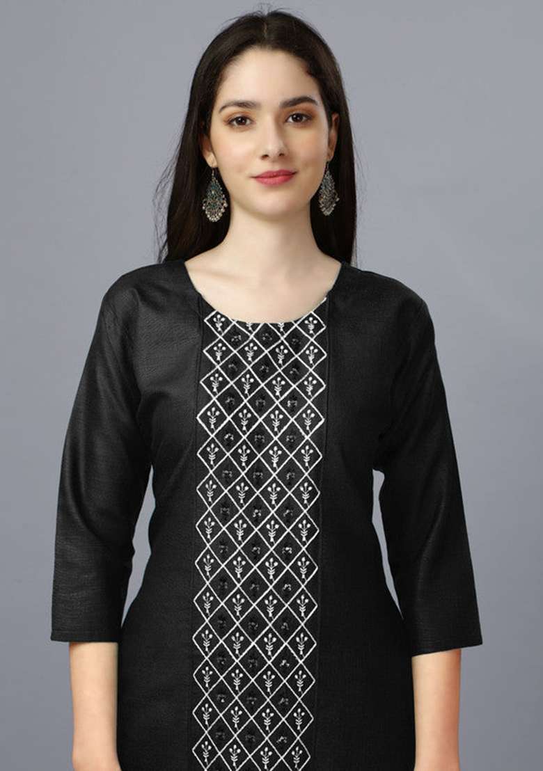 Black Embroidered Cotton Blend Straight Kurta - Indya