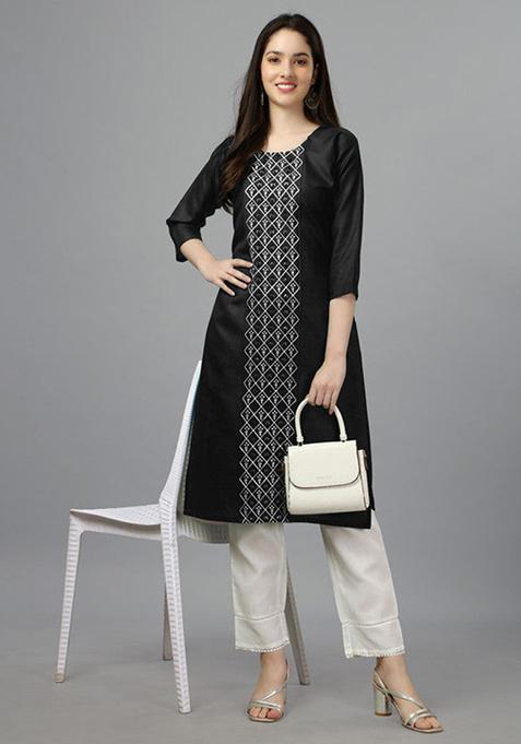 Black Embroidered Cotton Blend Straight Kurta