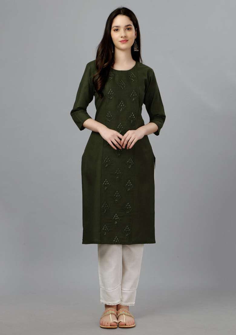 Dark Green Embroidered Cotton Blend Straight Kurta - Indya