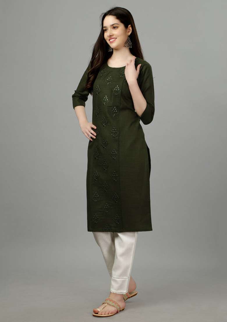 Dark Green Embroidered Cotton Blend Straight Kurta - Indya