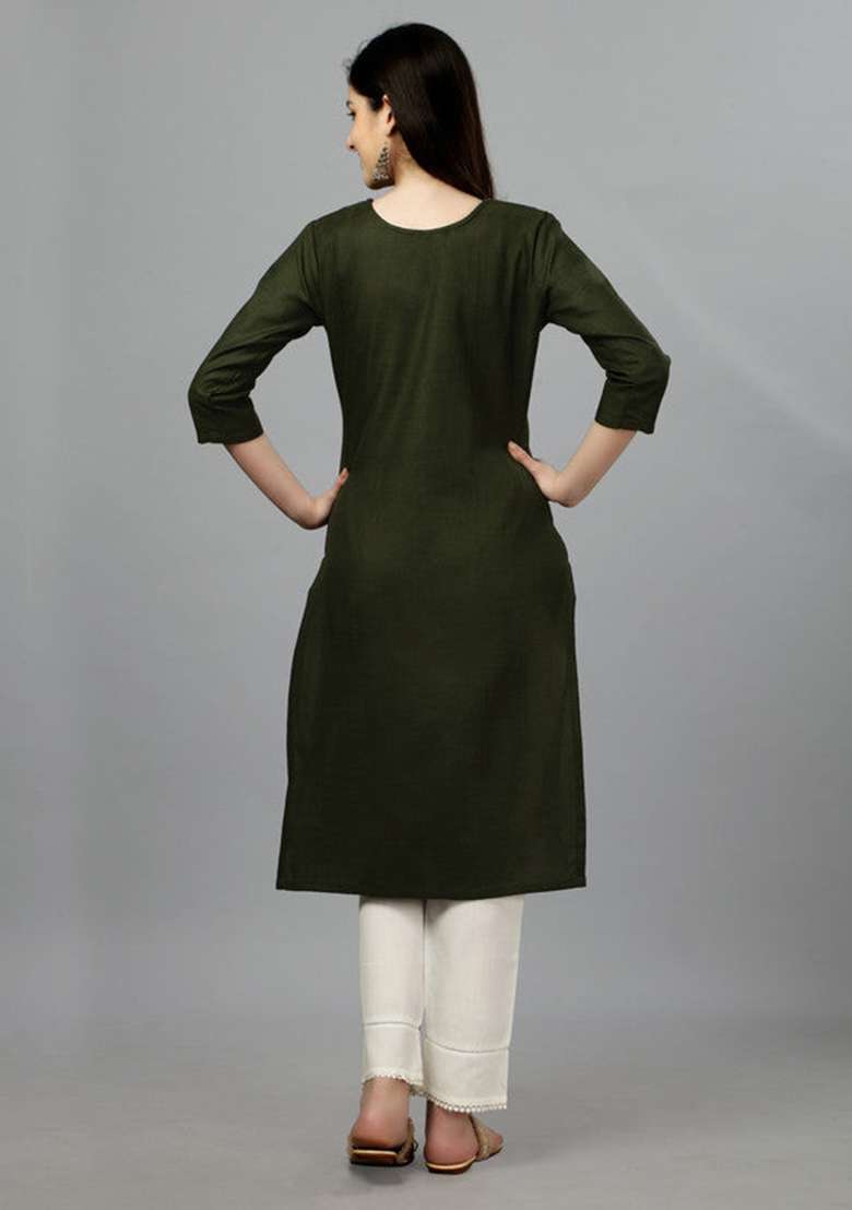 Dark Green Embroidered Cotton Blend Straight Kurta - Indya