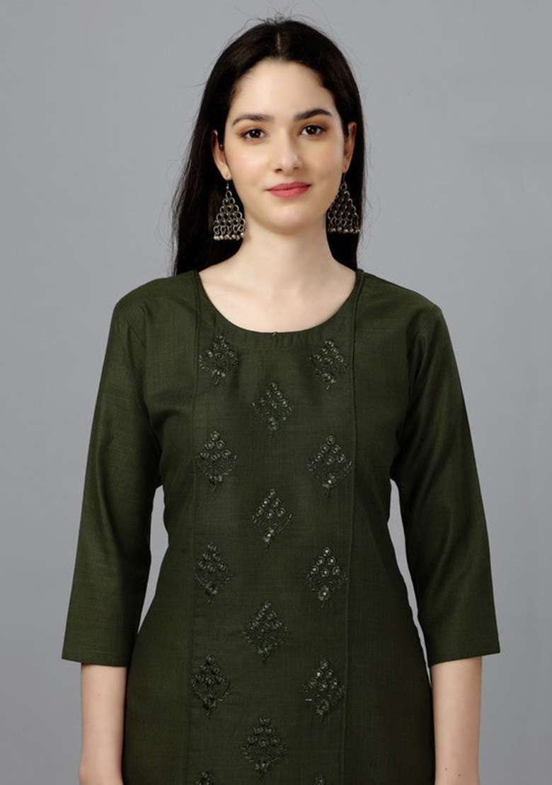 Dark Green Embroidered Cotton Blend Straight Kurta - Indya