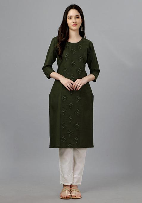 Dark Green Embroidered Cotton Blend Straight Kurta