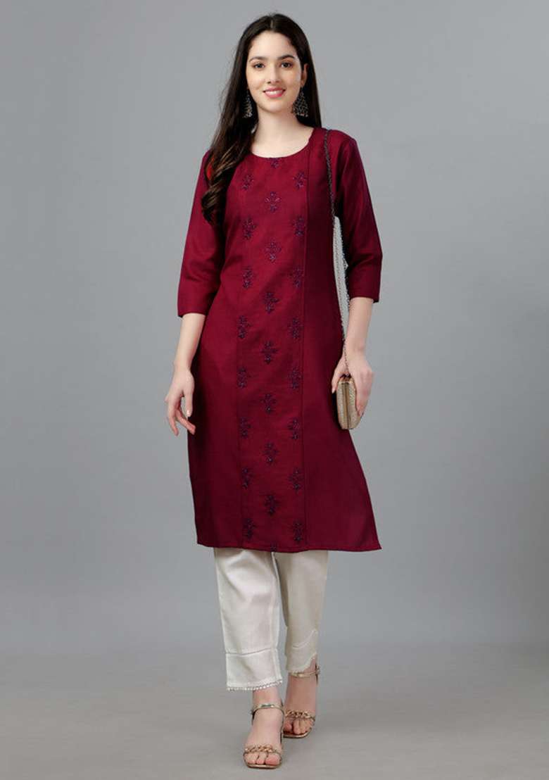 Maroon Embroidered Cotton Blend Straight Kurta - Indya