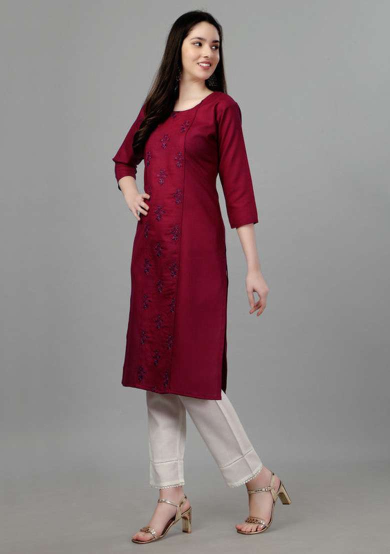 Maroon Embroidered Cotton Blend Straight Kurta - Indya