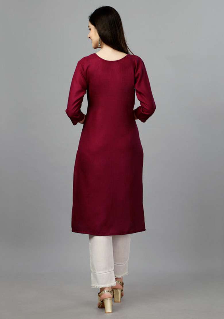 Maroon Embroidered Cotton Blend Straight Kurta - Indya