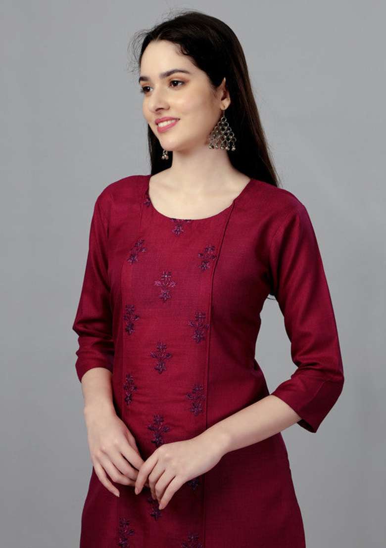 Maroon Embroidered Cotton Blend Straight Kurta - Indya