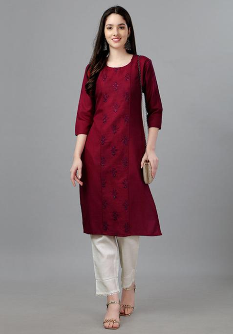 Maroon Embroidered Cotton Blend Straight Kurta