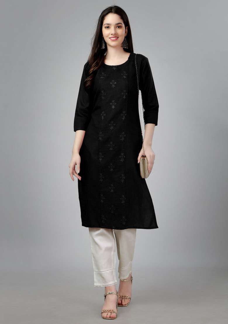 Black Embroidered Cotton Blend Straight Kurta - Indya