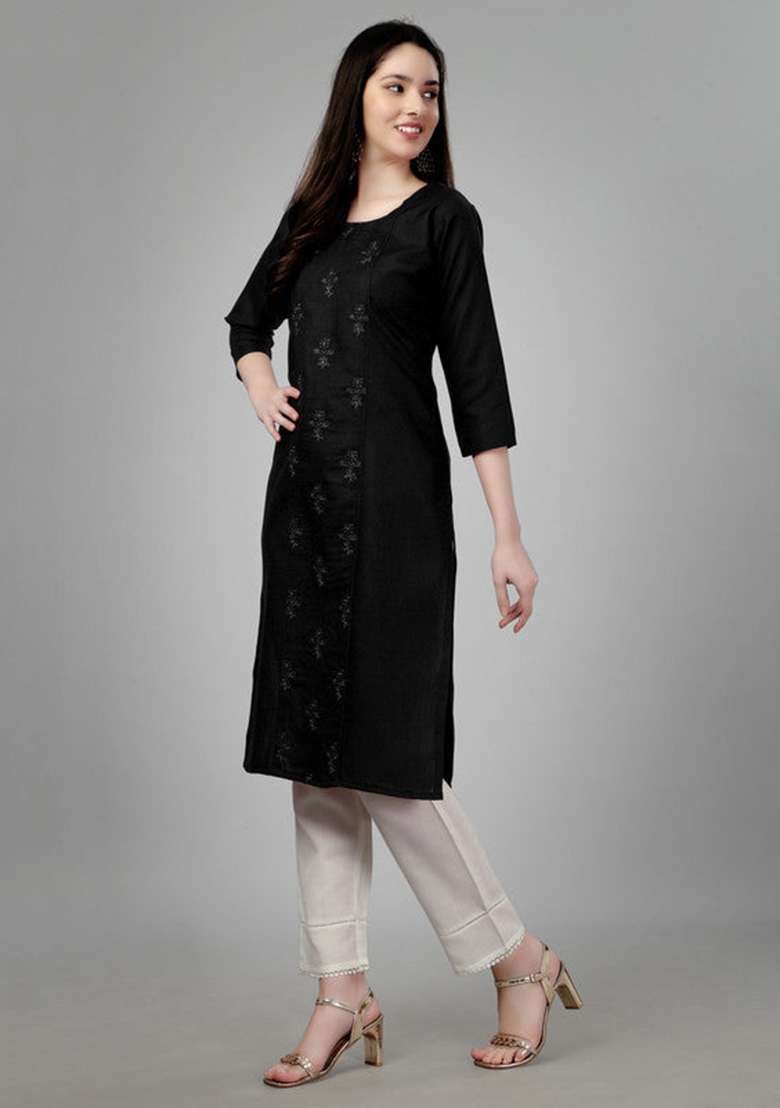 Black Embroidered Cotton Blend Straight Kurta - Indya