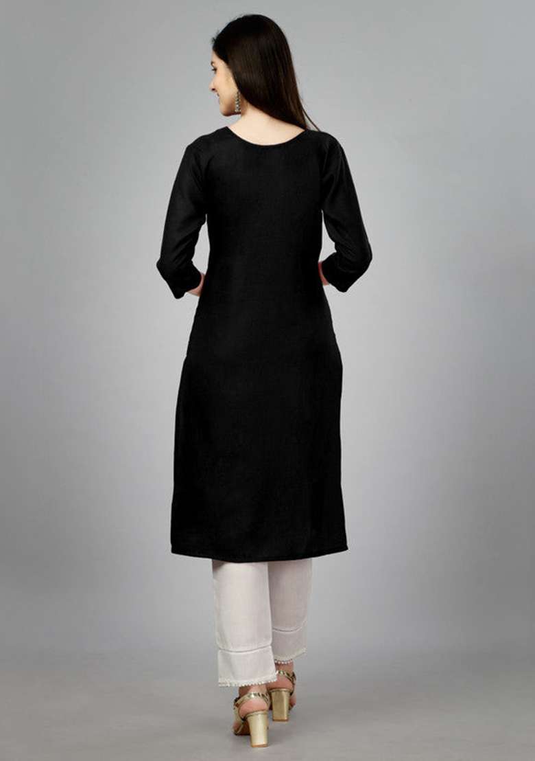Black Embroidered Cotton Blend Straight Kurta - Indya