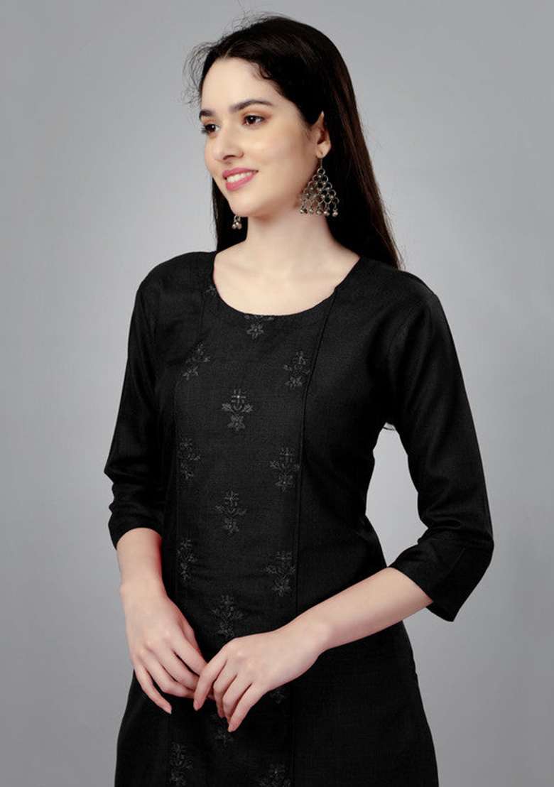 Black Embroidered Cotton Blend Straight Kurta - Indya