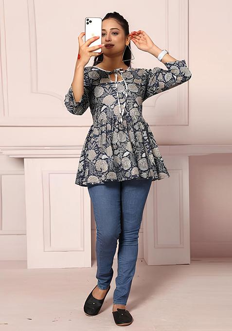 Navy Blue Printed Rayon Tunic