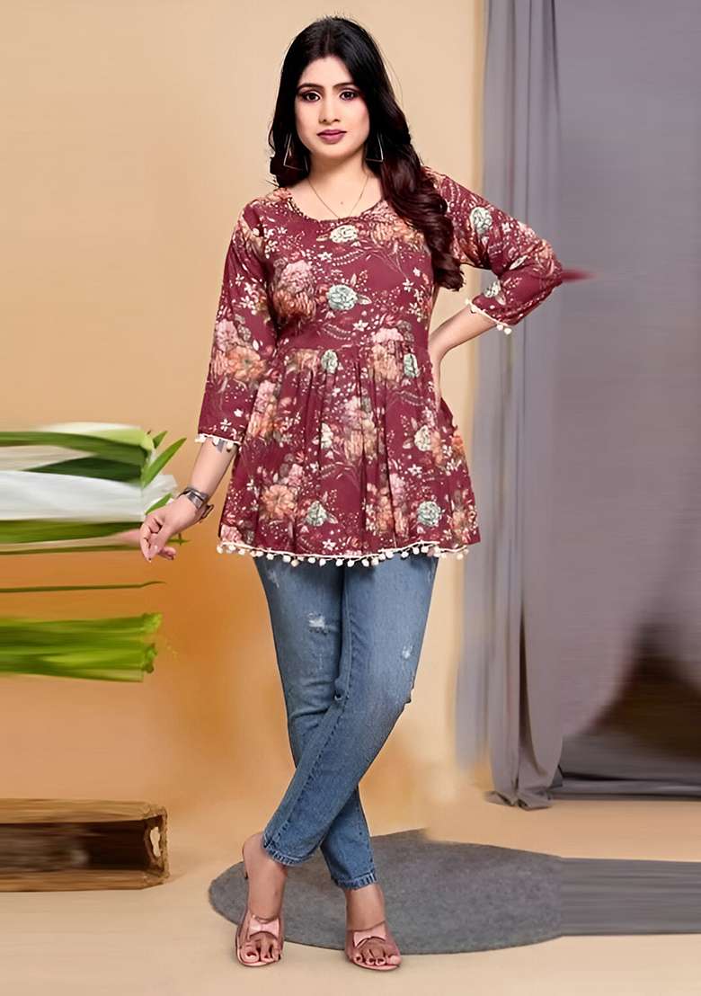 Maroon Printed Rayon Tunic - Indya