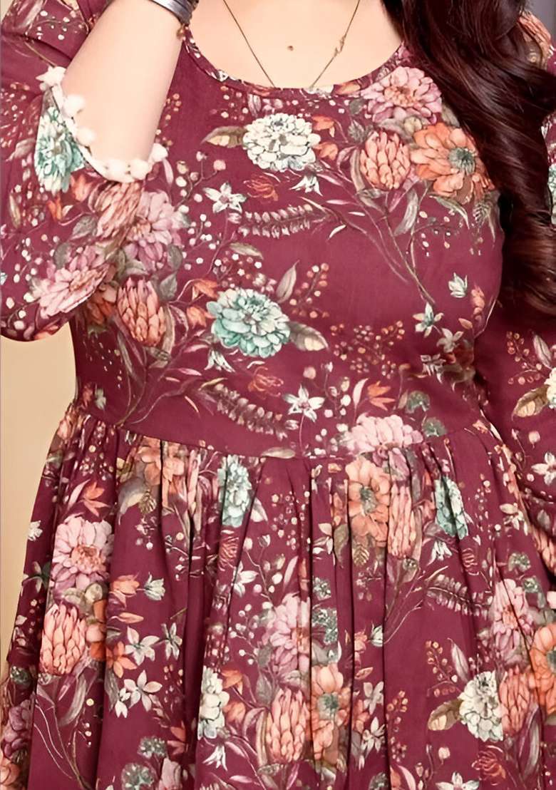 Maroon Printed Rayon Tunic - Indya