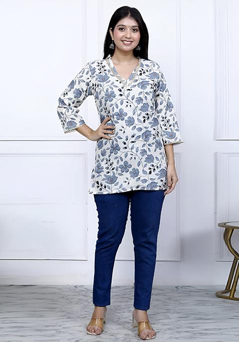 White And Blue Printed Cotton Tunic