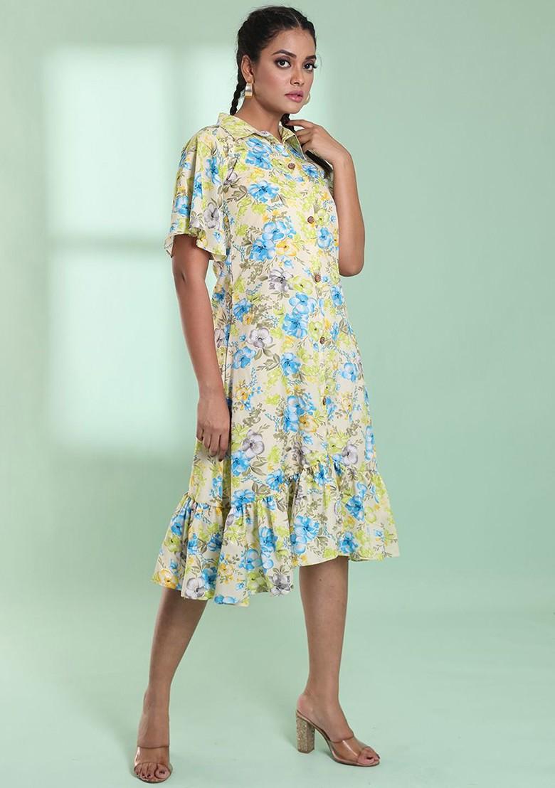 Yellow Floral Print Rayon Midi Dress