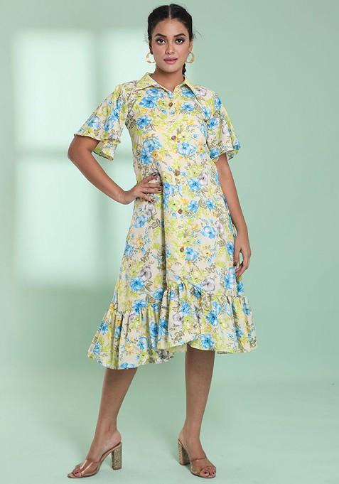 Yellow Floral Print Rayon Midi Dress