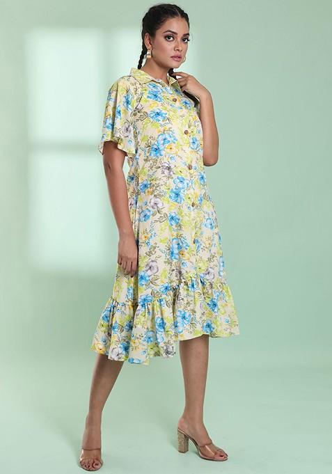 Yellow Floral Print Rayon Midi Dress