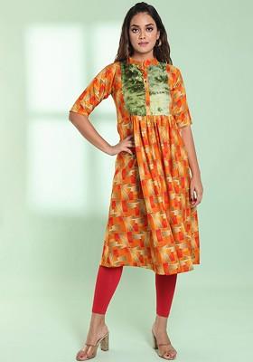 Orange Abstract Print Rayon A- Line Kurta