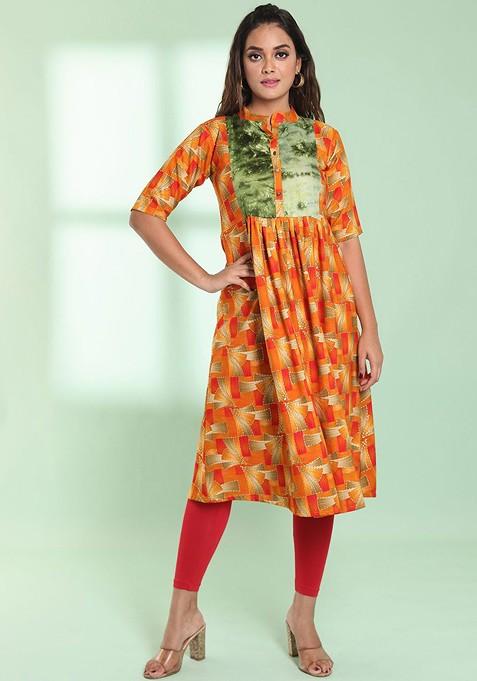 Orange Abstract Print Rayon A- Line Kurta