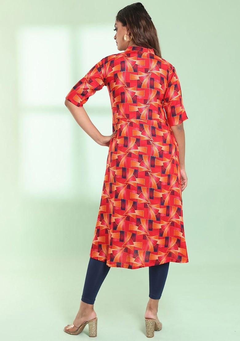 Red Printed Rayon Anarkali Kurta