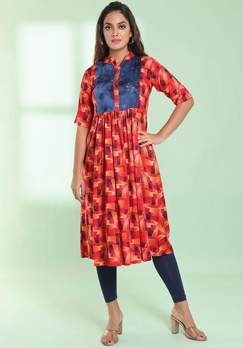 Red Printed Rayon Anarkali Kurta