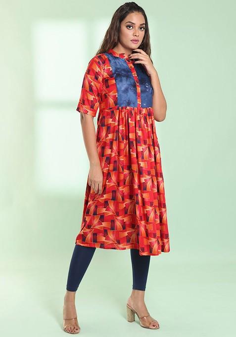 Red Printed Rayon Anarkali Kurta