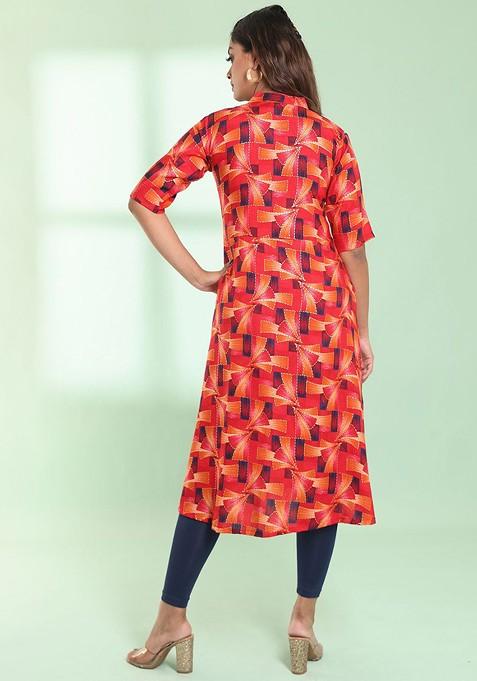 Red Printed Rayon Anarkali Kurta