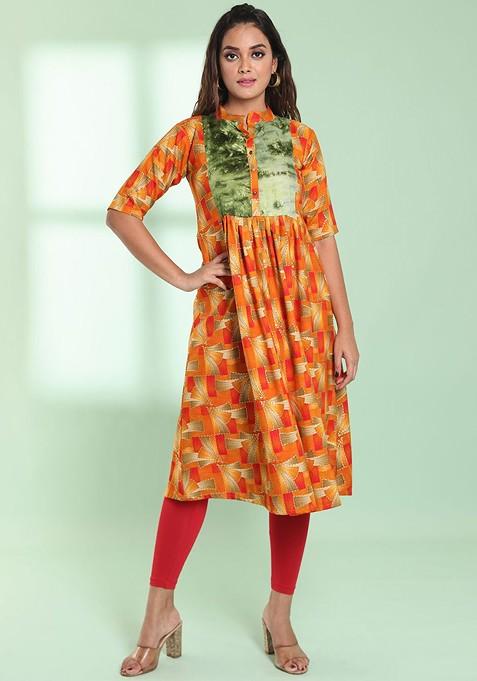 Orange Abstract Print Rayon A- Line Kurta