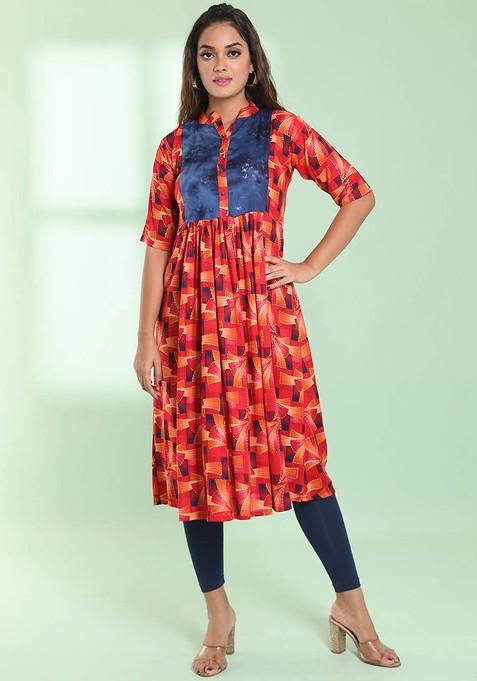 Red Abstract Print Rayon A- Line Kurta