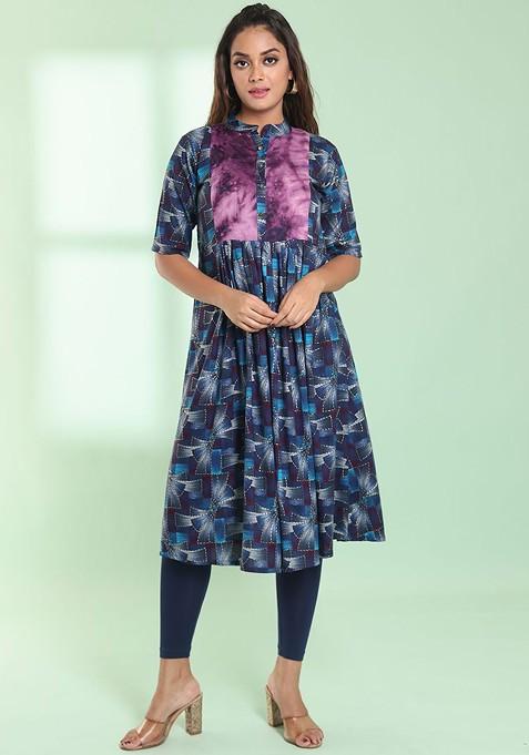 Blue Abstract Print Rayon A- Line Kurta