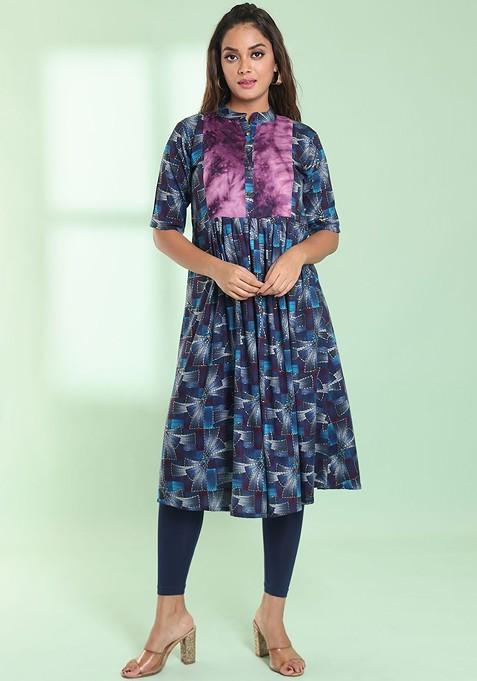 Blue Abstract Print Rayon A- Line Kurta