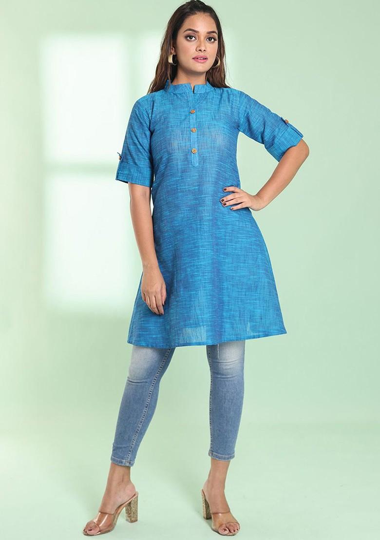 Blue Woven Cotton Pathani Kurta