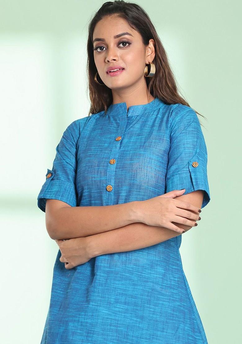 Blue Woven Cotton Pathani Kurta