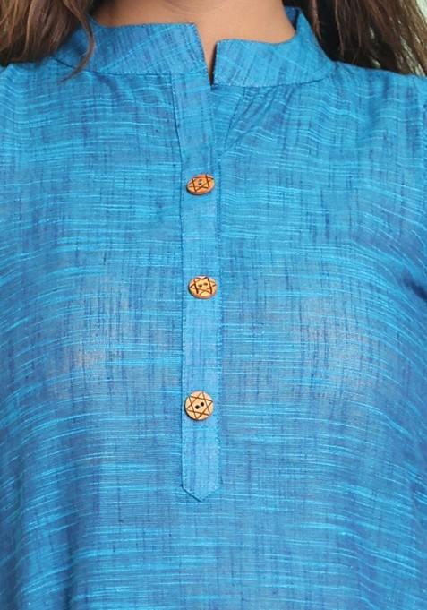 Blue Woven Cotton Pathani Kurta