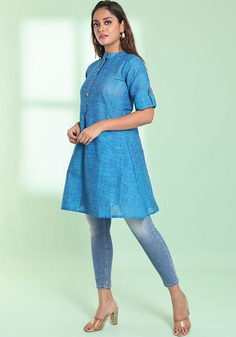 Blue Woven Cotton Pathani Kurta