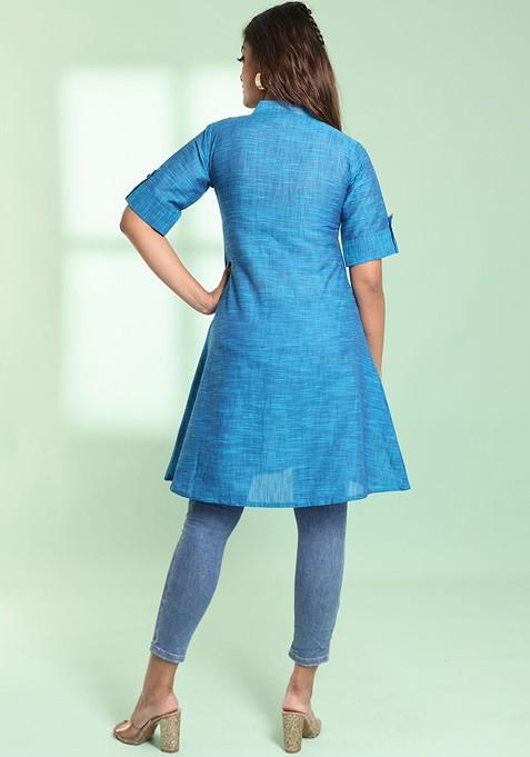 Blue Woven Cotton Pathani Kurta