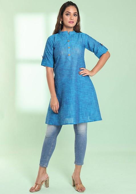 Blue Woven Cotton Pathani Kurta