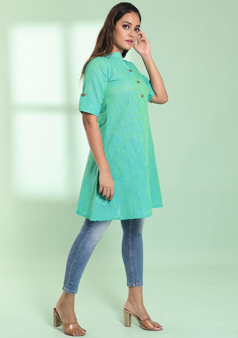 Green Solid Cotton Kurta - Indya