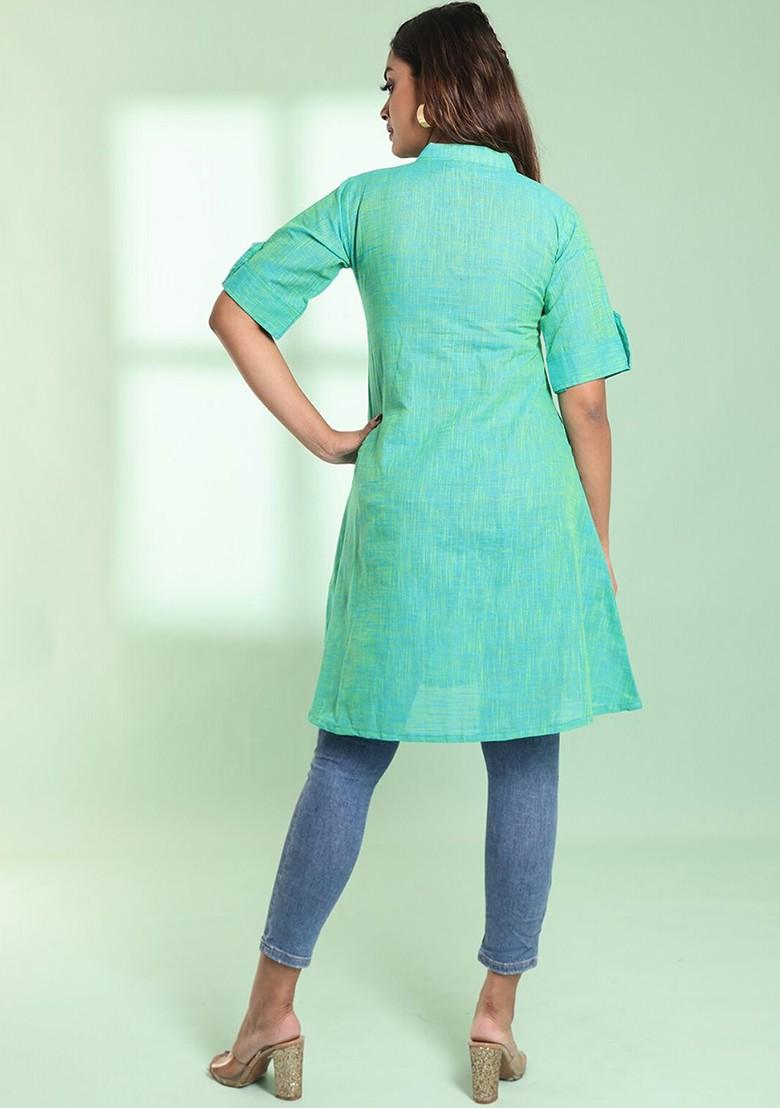 Green Solid Cotton Kurta - Indya